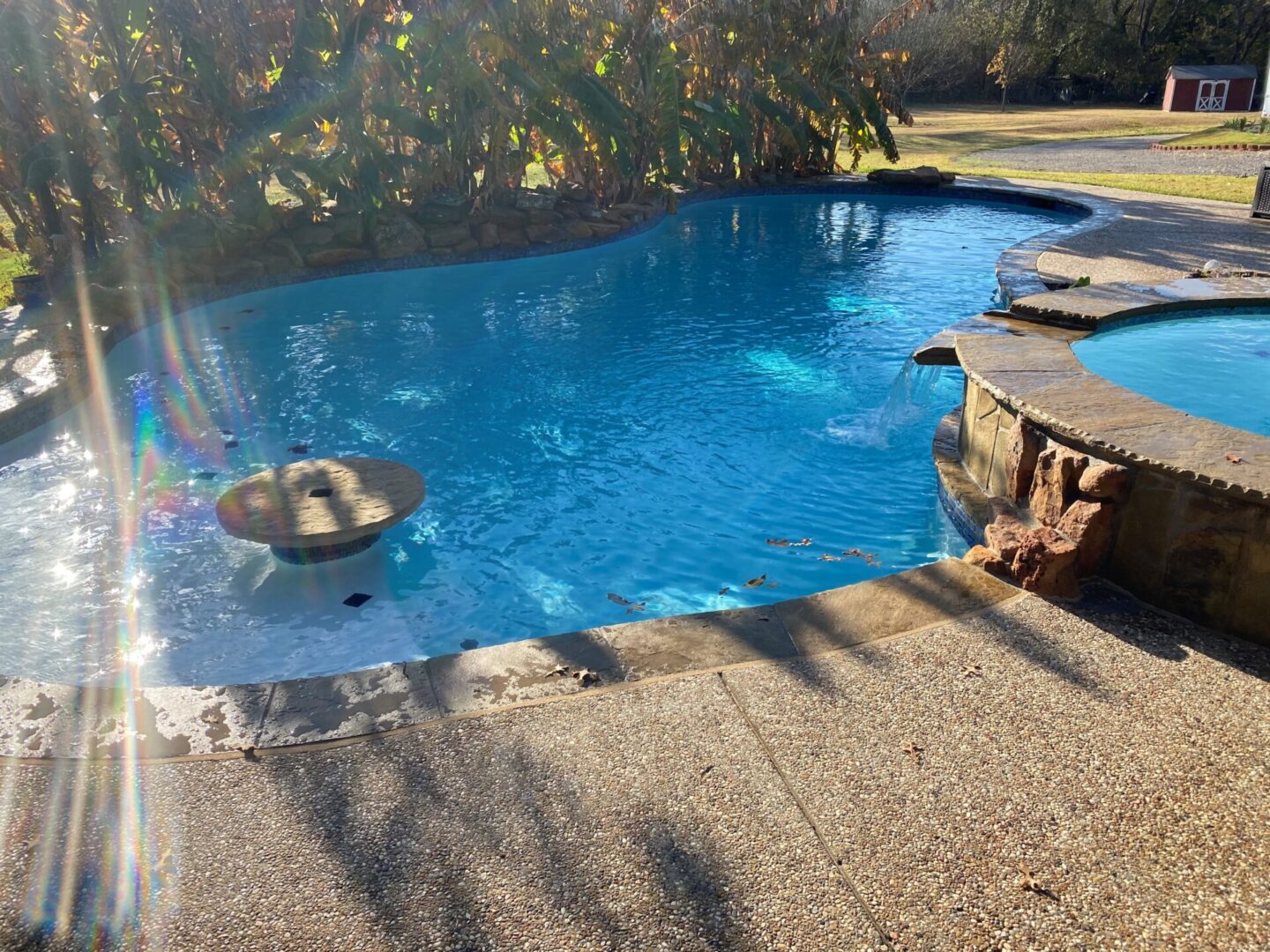 Sunny backyard pool with built-in spa
